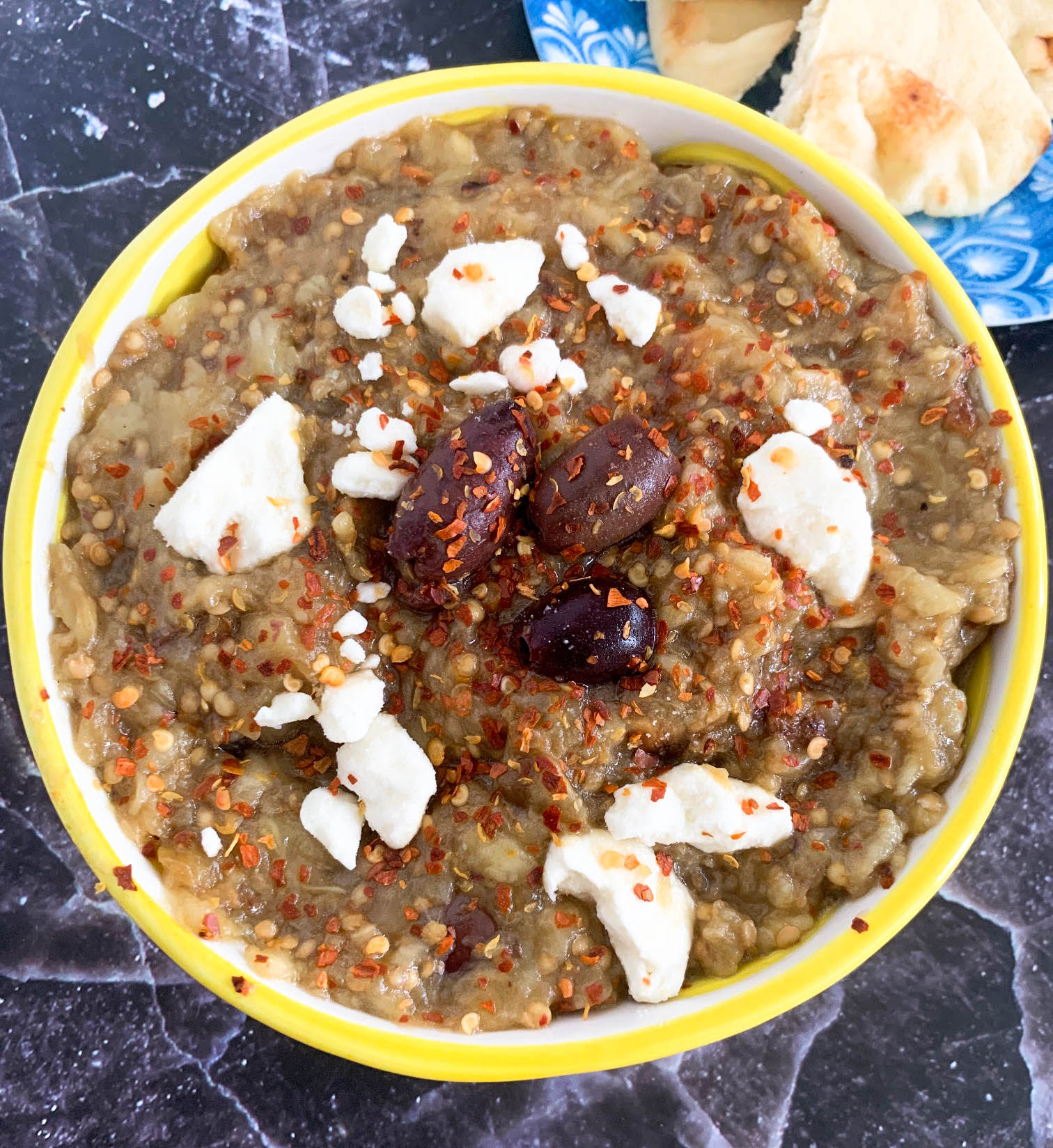 smoky eggplant dip with olives and feta