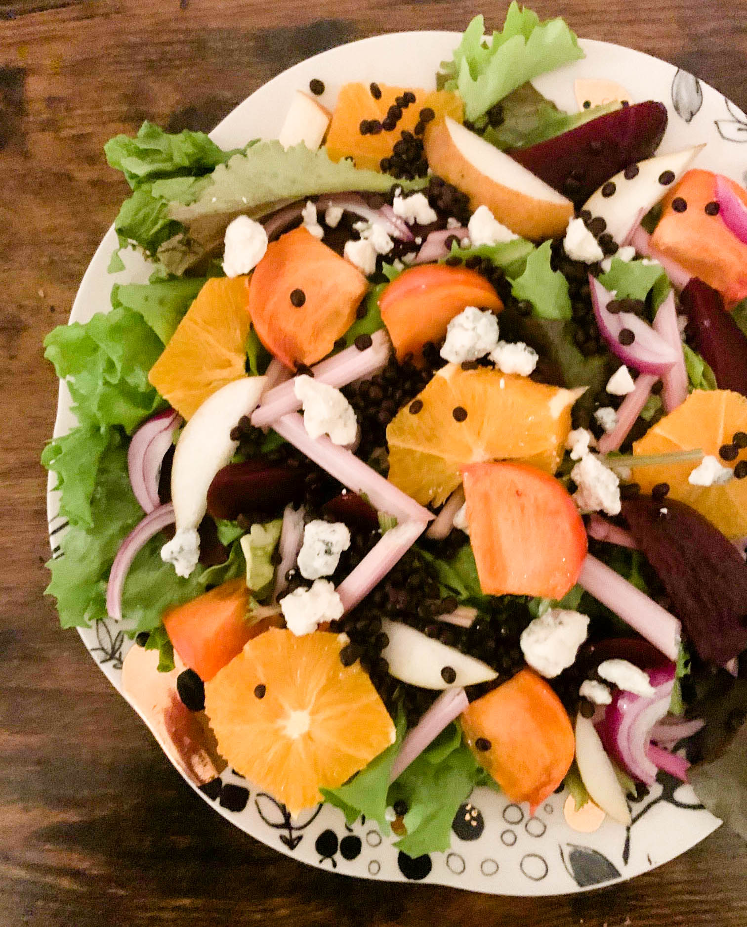 The Salad in Winter (featuring pink celery, persimmons, pear, beet and beluga lentils)