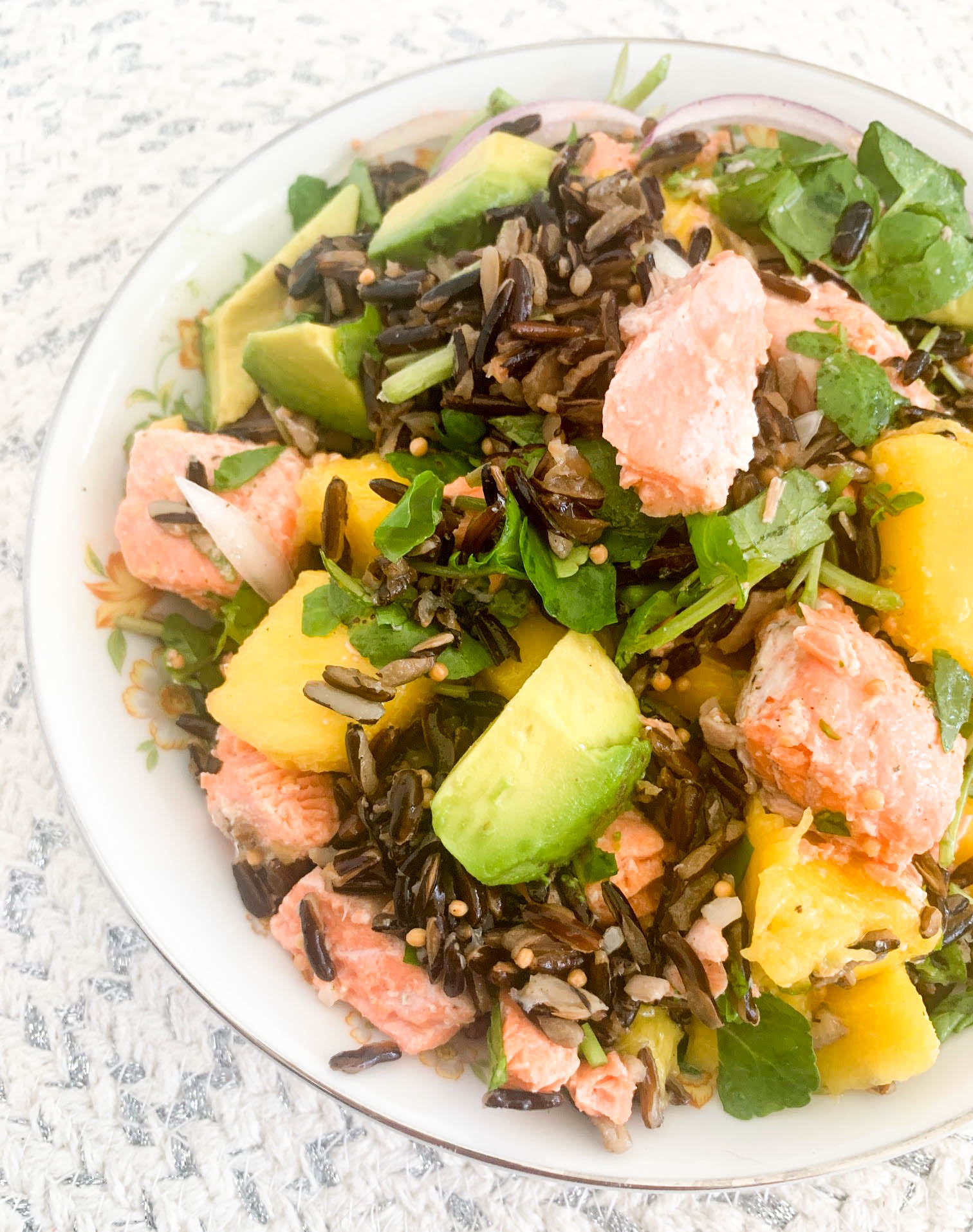 wild rice salad with steelhead trout avocado and mango